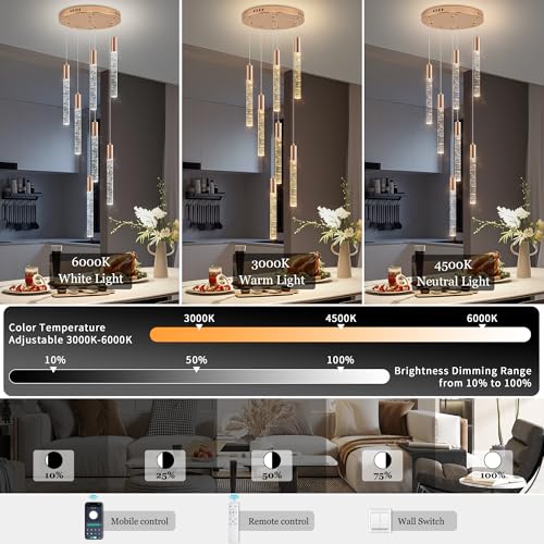 Upfelw Modern High Ceiling Crystal Chandelier 7-Lights, Spiral LED Raindrop Foyer Pendant Lighting, Bubble Staircase Living Room Hanging Light Fixture Flush Mount Gold by Upfelw - Used condition - Image 2