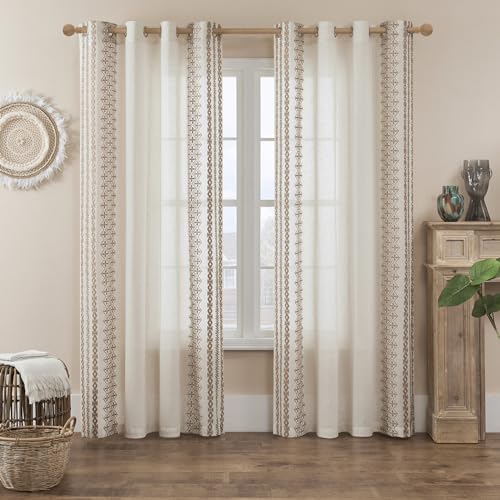 Boho Curtains for Living Room Bedroom Cream Sheer Curtains 84 Inches Long 2 Panels set Grommet Beige Embroidered Curtains Neutral Bohemian Window Curtains for Rustic Farmhouse Decor, 52x84 Taupe