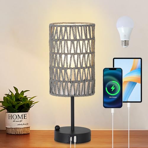 Touch Bedside Lamp For Bedroom with Bulb, Gray Boho Small