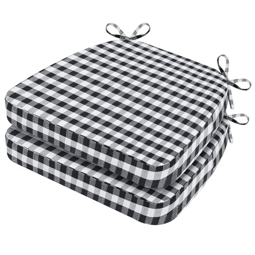 Image of AAAAAcessories D-Shaped Chair Cushions, 2 inch Thick Dining Chair Pads with Ties and Removable, Machine-Washable Cover, 17 inch x 16 inch, Set of 2, Checkered Black /White