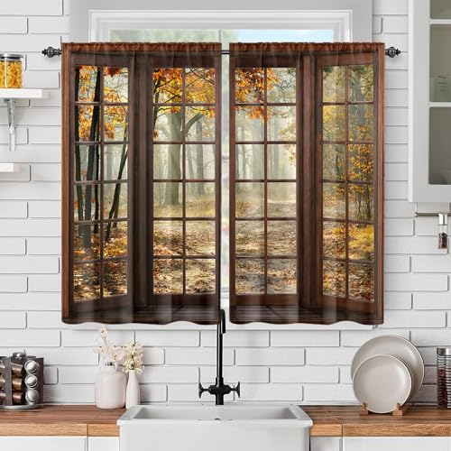 Llylumty Fall Forest Woods Window Curtains, Autumn Nature Scenery Tree Leaves Print Window Drapes, Rustic Wooden Drapes Frame Rod Pocket 2 Panel