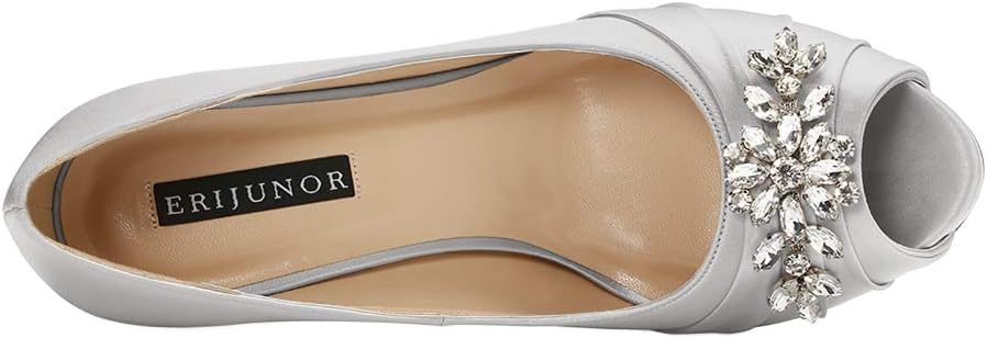 ERIJUNOR Peep Toe Mid Heels for Woman Rhinestones Satin Evening Prom Wedding Shoes