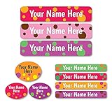 Lovable Labels Personalized Labels for Kids (85 Labels/Pack) - 3 Label Sizes Waterproof Dishwasher Safe Peel & Stick Labels for School Supplies Daycare Camp Clothing Bottles (Polka Dot Me)