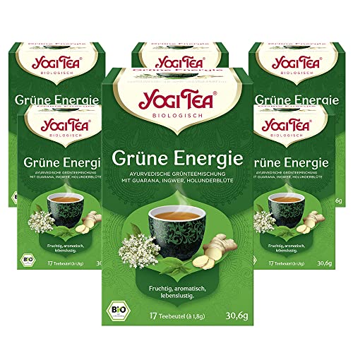 Yogi Tea - Grüne Energie, Ayurvedischer Bio Gewürz- und Kräutertee, Mischung aus Grünem Tee, Guarana, Ingwer und Holunderblüten, Yogi Tee 6er Pack, 6x17 Beutel (102 Teebeutel insgesamt)