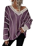 Picture of Dokotoo Womens Oversized Sweaters Winter Trendy Striped Sweater Fashion V Neck Long Sleeve Tunic Pullover Jumper Tops for Women Dark Purple Medium