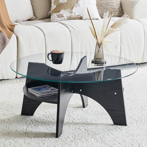 EURHCIO Table Basse Ronde Verre Noir 80x80x36cm,Table D'appoint avec Conception à Espace de Stockage sectoriel,Base Robuste en MDF,pour Bout de...