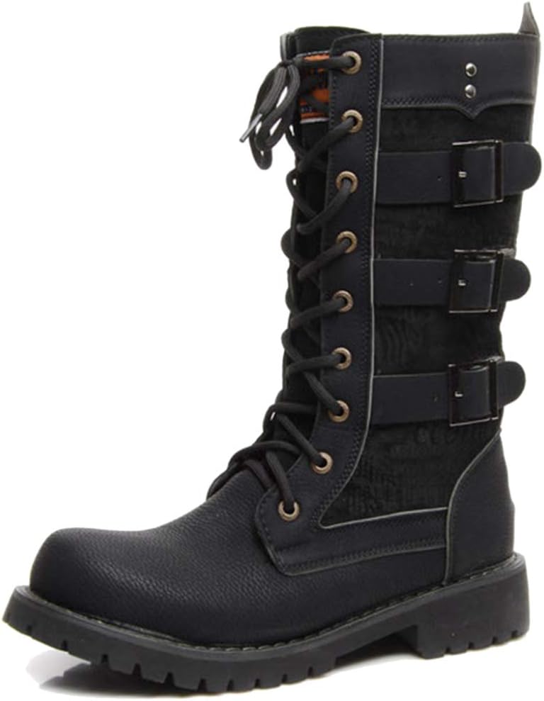 MERRYHE Lace Up Mid Calf Boots For Men,Buckle Belt PU Leather Boot Black Punk Rock Biker Shoes Combat Boots Tactical Boot