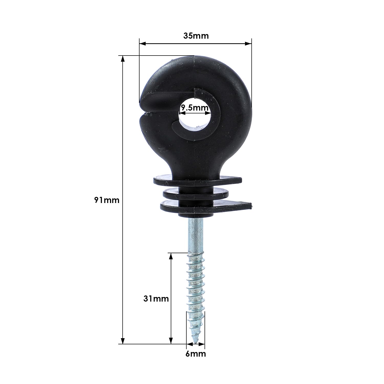 KATSU Tools Lot de 100 isolateurs annulaires à visser pour clôture électrique + mandrin de serrage, accessoires pour poteaux en bois de prairie de clôture pour cordes, fils et torons