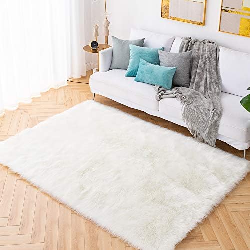 Carvapet 8x10 Area Rug White Shaggy Faux Sheepskin Large Carpet