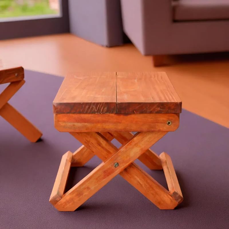 Image of Folding Foot Stool, Small Ottoman Foot Rest for Couch, Wooden Footstool, Change Shoes Bench, Modern X Ottoman Chair for Living Room, Entryway, Children Room, Bedroom, Caravaning, 23X30X23 cm, Orange