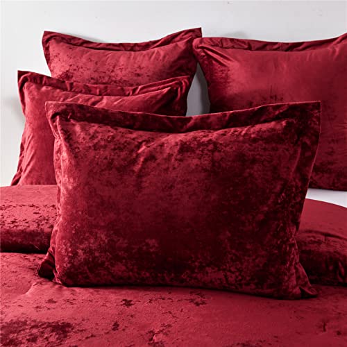 Fredsure Distressed Velvet Comforter Set, 5 Pieces Burgundy Red King, Distressed Velvet Face And Brushed Microfiber Reverse #TOP2