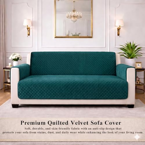 Image of STITCHNEST 'Airsoft Range Series' Solid Quilted Velvet Sofa Cover for 3 Seater | Premium Soft Velvet Sofa Protector | Castleton Green Diamond Quilted Design with Armrest Pockets | Furniture Cover
