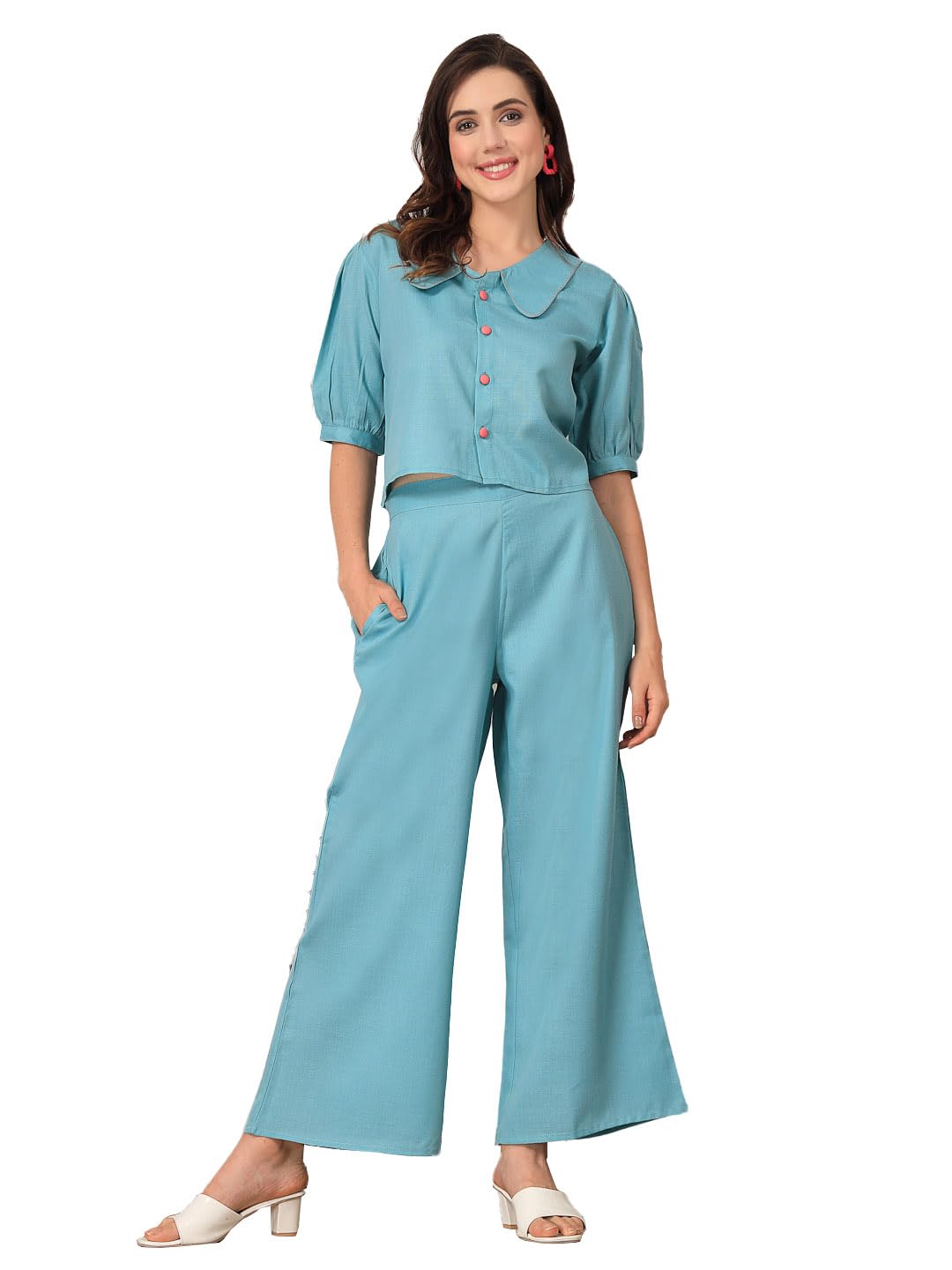 Stylum Women's Solid Cotton Blend Co-Ord Set (Csaquabeach34_Aqua, Xs)