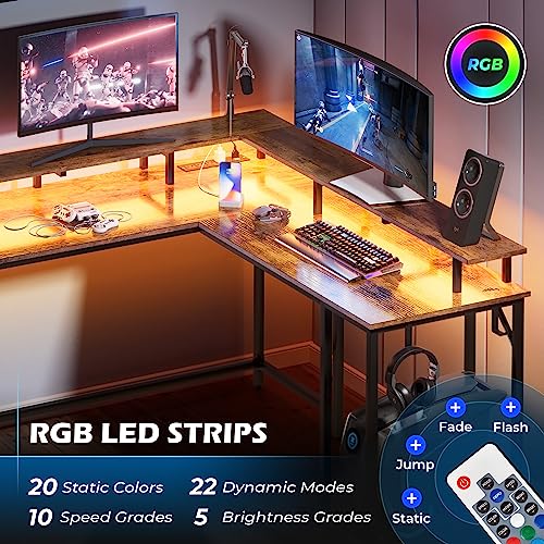 Superjare L Shaped Computer Desk With Power Outlets & Led Lights, Gaming Desk With Monitor Stand & Storage Shelf, Home Office Desk Corner Desk With Hooks, Rustic Brown #TOP3