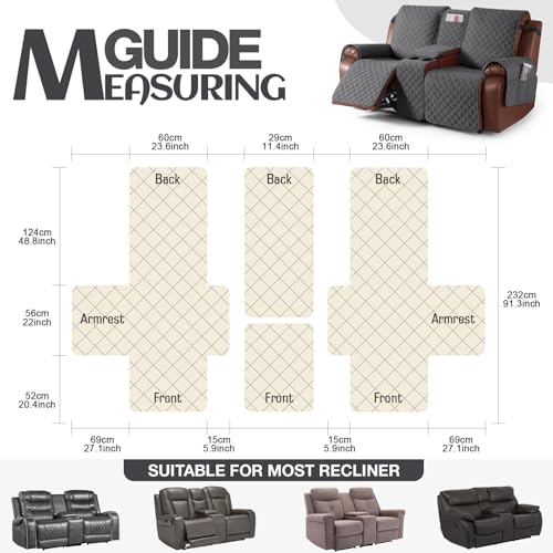 Image of KinCam 100% Waterproof Recliner Loveseat Cover with Console, Non-Slip Reclining Couch Covers for 2 Seat, Recliner Sofa Cover Furniture Protector with Elastic Straps for Kids, Pets, Charcoal Gray