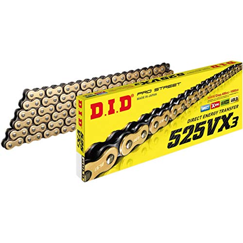 Cadena DID 525VX3 Oro y Negro de 110 eslabones con unión remachada ZJ para moto