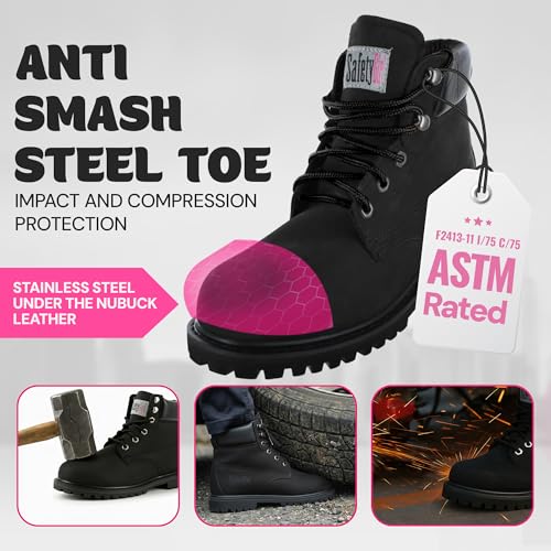 Image of Safety Girl Women's Work Boots | Water Resistant Leather Work Boots for Women | Oil & Slip-Resistant Black, Steel Toe Boots for Women | Premium Nubuck Lightweight and Comfortable | Black - 8M
