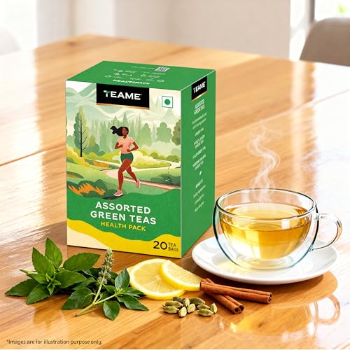 Image of TE-A-ME Assorted Green Tea Bags, 20 Count | Green Tea Sampler with Kashmiri Kahwa, Tulsi, Honey Lemon & Classic | Natural Antioxidants