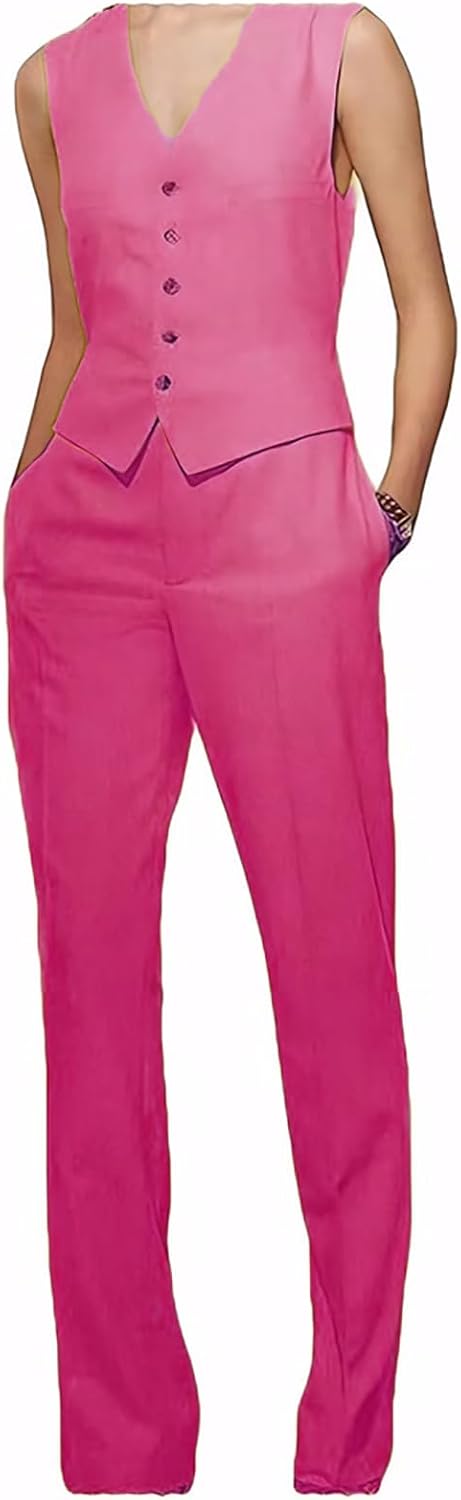 Mi Bo Tong Women Linen Suits 2 Pieces Set Lady Summer Casual Suits Vest Pants Elegant Waistcoat Tuxedos for Wedding Party