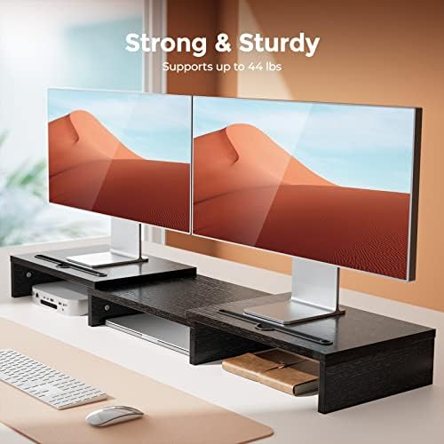 LORYERGO Dual Monitor Stand Riser, [Upgraded] Monitor Stand for Desk, 3 Shelf Wooden Screen Stand with Adjustable Length &Angle, 2 Extra Organizer Slot Desk Computer Riser for PC Laptop Black