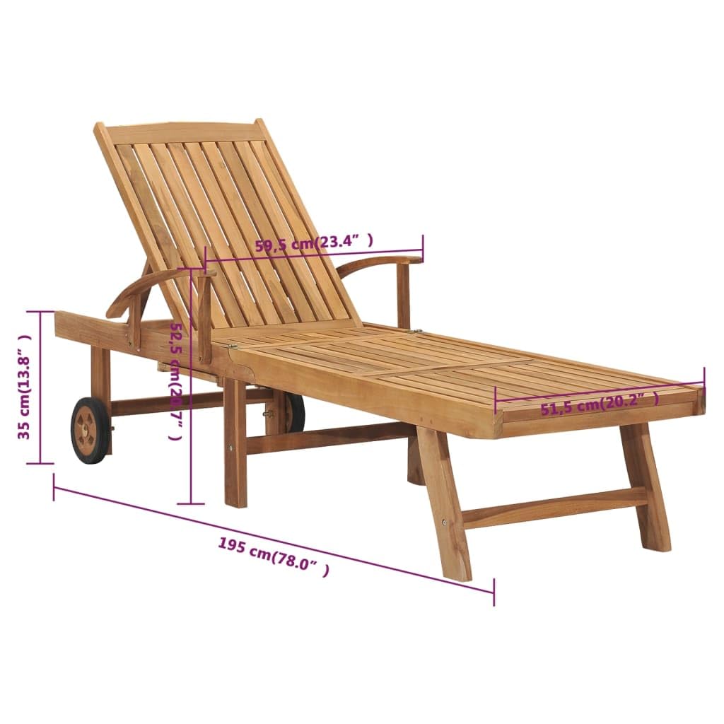 Leżak ogrodowy z litego drewna tekowego, regulowany podłokietnik i rolkę, 195 x 59,5 cm, ergonomiczny leżak relaksacyjny na taras, balkon, basen, odporny na warunki atmosferyczne, wygodny
