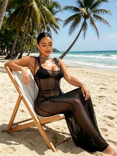 Image of Suillty Women Mesh Sheer Spaghetti Strap Long Maxi Dress Sexy Sleeveless Backless Beach Swimsuit Cover Ups Party Club Dresses