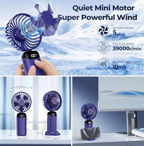 Image of Rechargeable Portable Handheld Fan,3000mAh Battery Operated Mini Fan,5 Speeds and LED Display,Long Lasting Desk Fan for Office,Bedroom,Outdoor Activities and Travel (Purple)