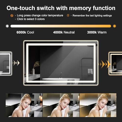 Image of LED Bathroom Mirror with Lights, 30 x 55 Lighted Vanity Wall Mirror | Backlit and Frontlit, Anti-Fog, Dimmable 3 Colors, Shatter-Proof Tempered Glass, Memory Function, Plug-in /Hardwired
