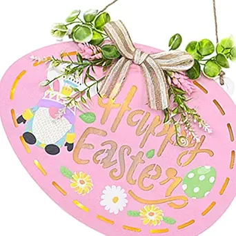 WINTI Wooden Easter Door Sign Plaque Happy Easter with Light Festival for Window Pink