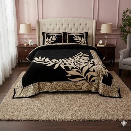 Image of Fresh from Loom Bed Sheet in Chenille 500 TC, Leaf Print Print Bedsheet Set with 2 Pillow Covers, Stylish Bed Cover for Home Decor, Easy Care Breathable Bedd 90x100 Inches | Leaf Black | Chenille