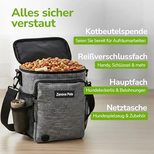 Zenova Pets Leckerlitasche für Hunde – Praktische Trainingstasche mit Extra Hüftgurt – Futtertasche Hundetraining & Gassi Tasche – Robuste, wasserabweisende Hunde Futterbeutel & Leckerli für unterwegs