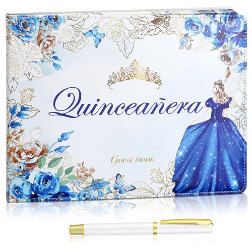 Image of MotiMind Quinceanera Guest Book with Pen 11 x 8 Inch Libro De Firmas Para 15 Anos Quinceanera Leather Hardcover Signature Book Guest Sign in for 15th Party Favors Decoration(Blue,Princess)