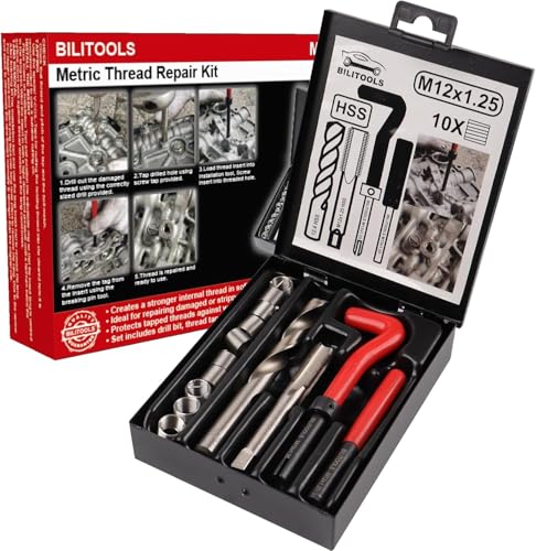 BILITOOLS Kit de Réparation de Filetage M12x1.25, Kit Helicoil Métrique avec Foret HSS