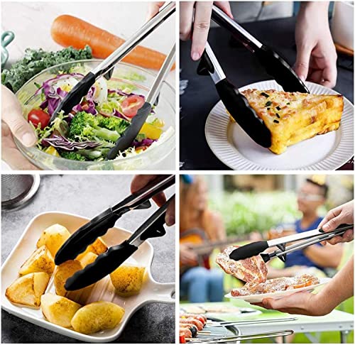 Image of YANCI Kitchen Tongs Set of 3, Multipurpose Heat Resistance Cooking Tongs with Resting Gadget, Heavy Duty Stainless Steel with Robust Silicone Tips & Locking Clips for Cooking BBQ Baking (Black)