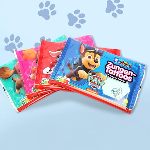 Küchle PawPatrol Zungentattoos im 4er Set 4x11g, vegane Süßigkeit, Tutti-Frutti & Erdbeer Geschmack, rot & blau, mit Skye, Chase, Zuma & Marshall von Paw Patrol, fruchtige Leckereien