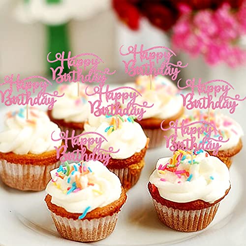 Rsstarxi 24 Pack Happy Birthday Cupcake Toppers Pink Glitter Birthday Cupcake Food Picks For Celebrating Happy Birthday Party Cake Decorations Supplies #TOP5