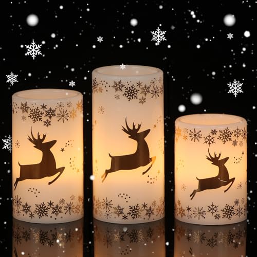 Image of Eldnacele Christmas Flickering Flameless Candles with 6 Hour Timer, Gold Deer Decal Battery Operated Real Wax LED Pillar Candles Home Tabletop Holiday Decor(3Pcs,3x4 /5 /6 Inches)