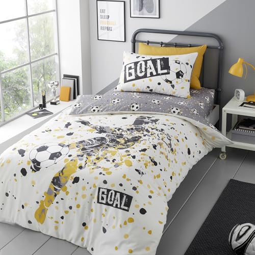 Bedding Bedlam - Juego de Funda de edredón y Funda de Almohada para Cama Individual (200 x 140 cm), Reversible (2 diseños), diseño de fútbol, 1 Funda de edredón y 1 Funda de Almohada