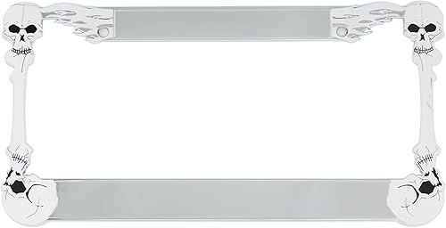 Miniatura 2 de Marco de matrícula de calavera cromada con 2 agujeros, soporte de placa de esqueleto pulido de metal resistente, decoración de Halloween, 1 paquete