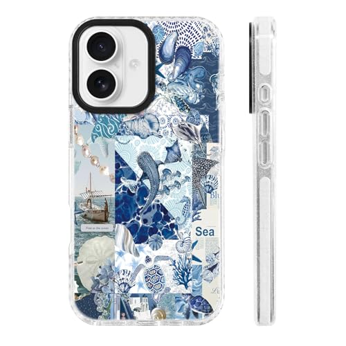 ChiCs-Flaura for iPhone 17 Case [Military-Grade Drop Protection/Nautical Ocean Soft Slim TPU Protective/Camera Control/Girls Teens] - Blue Ocean Collage Pattern with Seashell Whale Shark Marine