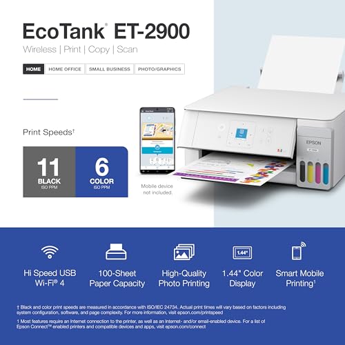 Image of Epson EcoTank ET-2900 Wireless All-in-One Color Supertank Printer with up to 3 Years of Ink, Refillable Tanks, Perfect for Home, 11 PPM, 1.44 inch Color Screen, Built-in Scanner - White
