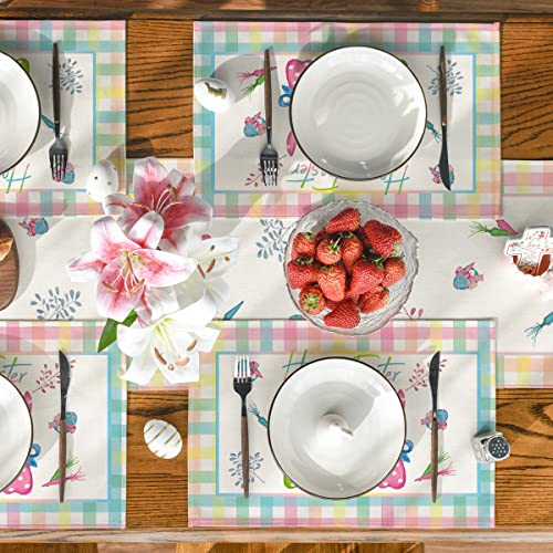 Artoid Mode Green Blue Pink Buffalo Plaid Bunny Happy Easter Placemats Set Of 4, 12X18 Inch Seasonal Holiday Table Mats For Party Kitchen Dining Decoration #TOP1