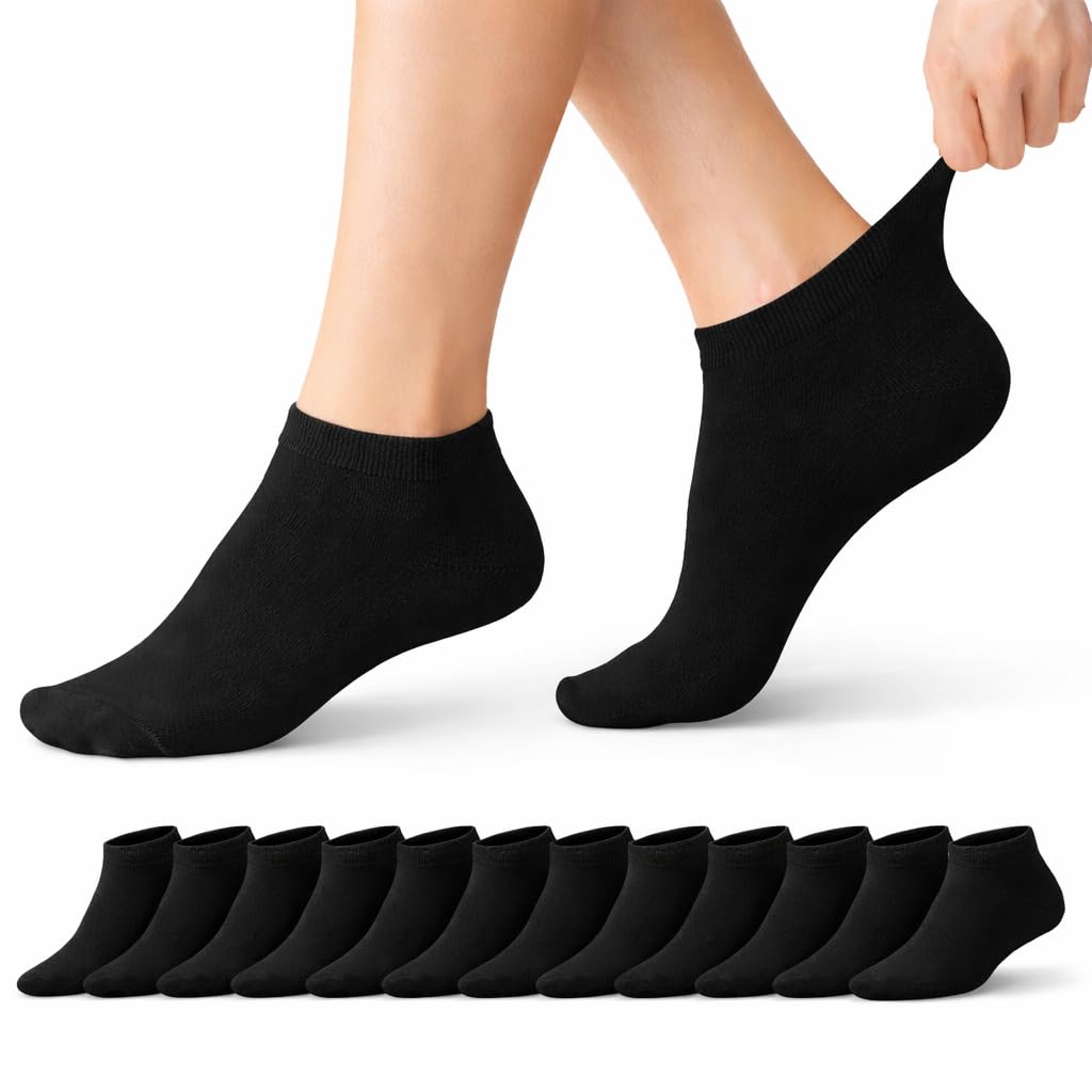 Prohike Trainer Socks, Cotton Rich, Breathable, Cushioned, Ankle Length, for Running, Gym & Everyday Wear, 12 Pairs, Men & Women (Black 4-8 (Women))