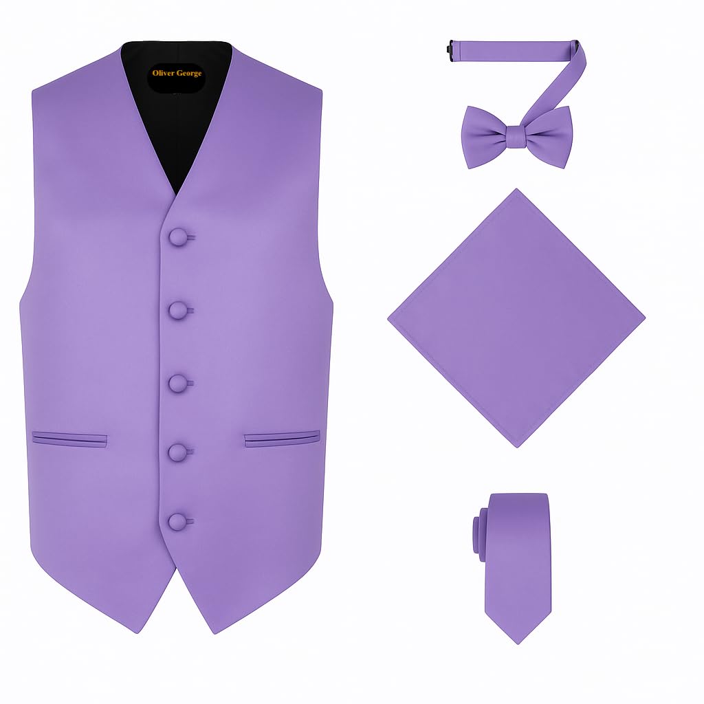 Oliver George 4pc Men's Solid Formal Suit Waistcoat Tuxedo Dress Vest Necktie Bowtie Handkerchief Set for Suit or Tuxedo, Lavender, XS