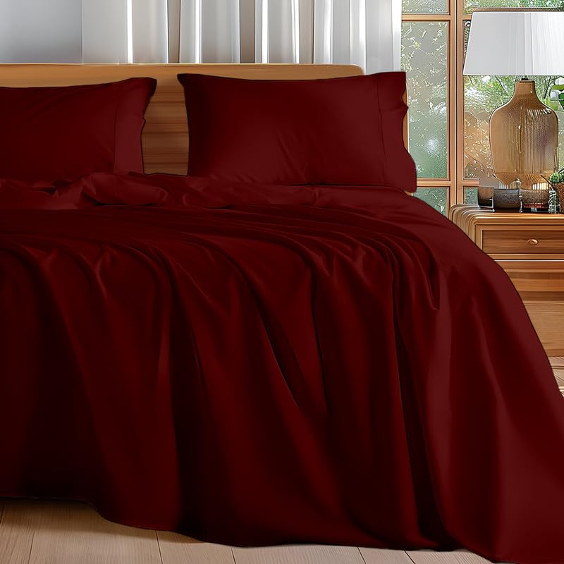 Image of Microfiber King Bed Sheet - Solid Color, Ultra-Soft Bedsheet for Bedroom, Lightweight Plain Bedsheet for King Bed 102x108 Inch, Burgundy