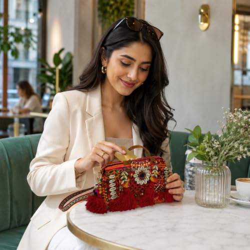 Image of MOMISY Handicraft Handmade Cotton Ethnic Rajasthani Embroidered Banjara Bags for Women Sling Clutch with Handle Purses for Ladies Girls