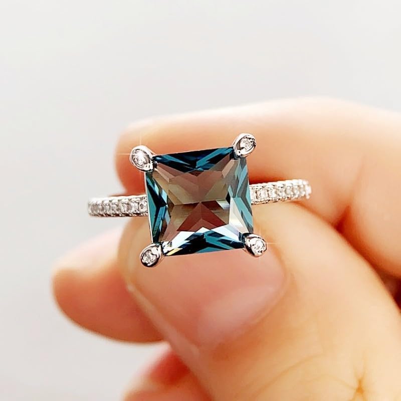 Htayekog Blue quadriprong Square Zircon Ring Promise Rings for her, Diamond Ring Eternity Rings Cocktail Ring 18K Gold Plated for Women Square cz Engagement Ring Promise Engagement Band Size 6-10（6）
