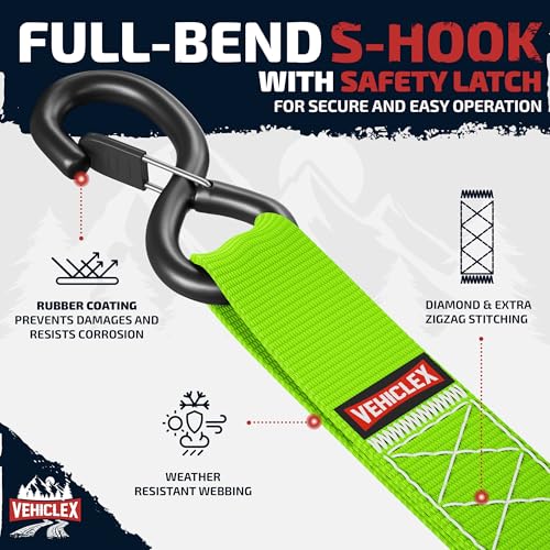 Image of Vehiclex 1.5 inch x 8' Motorcycle Ratchet Tie Down Straps, 4 Pack, Green | 4,400 lbs Break Strength, Full Bend S Hooks with Safety Clips, Soft Loops, for Powersports