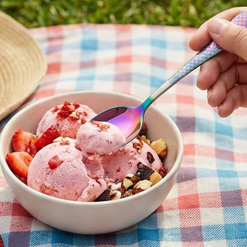 Image of 6.7 inch Rainbow Dessert Spoons Set of 5 with Checks Printed Handle ? Durable Stainless Steel Teaspoons, Mirror Polished Silverware Spoons, Perfect for Home, Restaurant, and Gifting