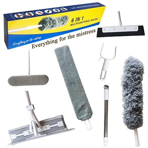 Image of Cleaning Kit with Extension Handle - Window Squeegee, Hook, Microfiber Cloth for High Ceilings, Spider Brush for Removing Dust from Ceiling Fans, Beautiful Gift Box